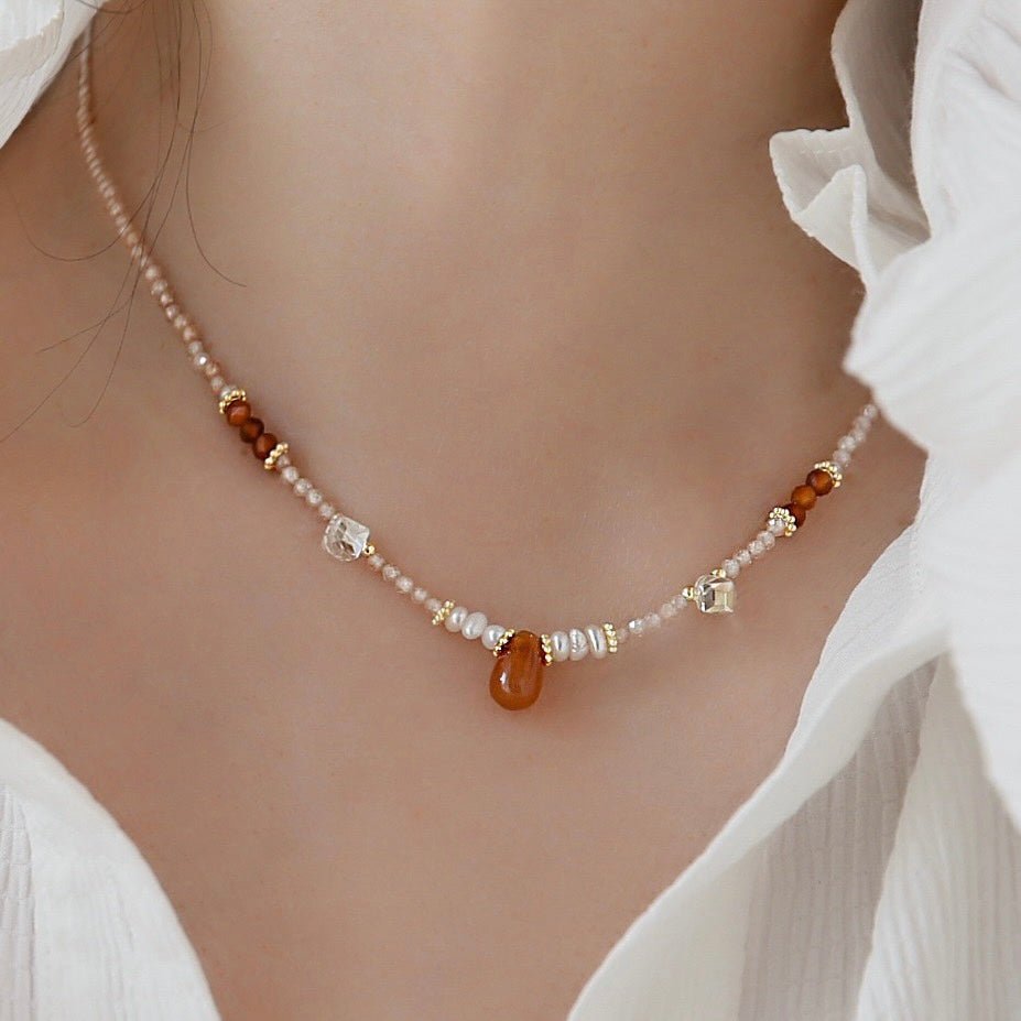 Boltiesd™ Hand Beaded Pearl And Red Agate Necklace With Natural Stone - Boltiesd™