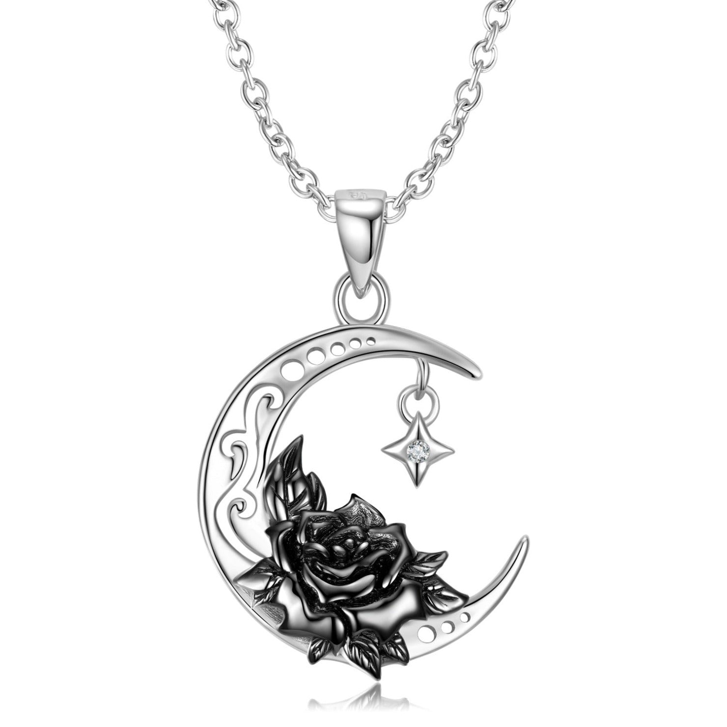 Boltiesd™ Black Water Lily and Crescent Moon Necklace in Sterling Silver S925 for Halloween - Boltiesd™