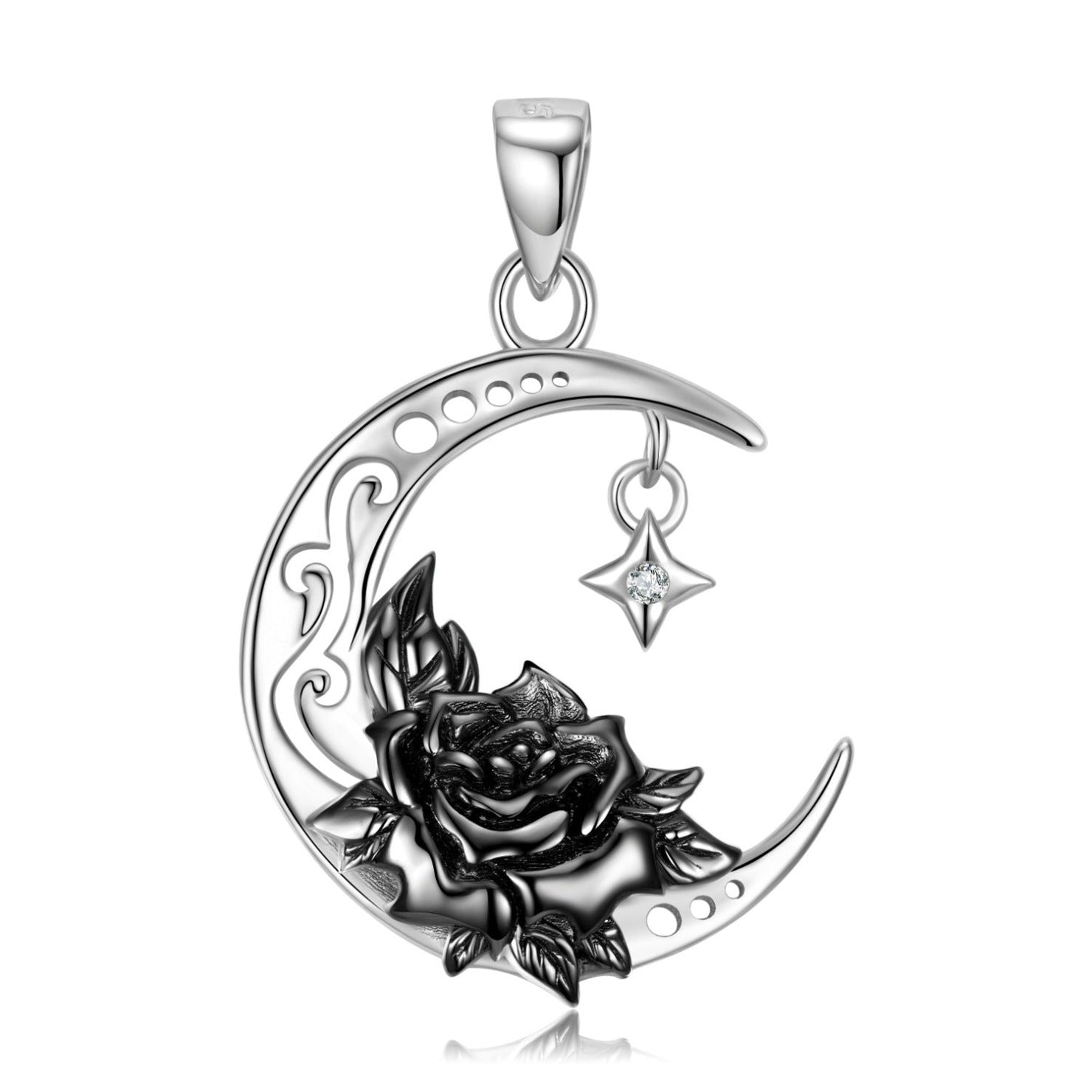 Boltiesd™ Black Water Lily and Crescent Moon Necklace in Sterling Silver S925 for Halloween - Boltiesd™