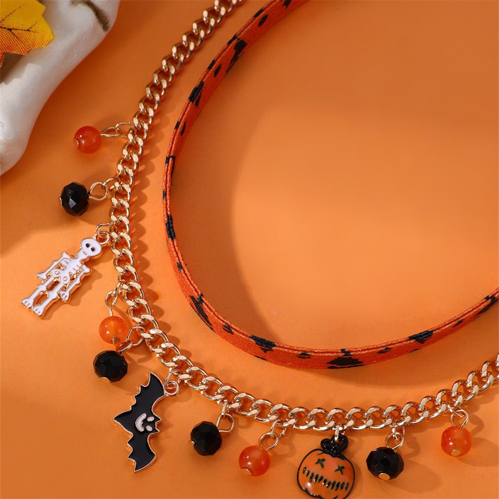 Boltiesd™ Girl Skull Pumpkin Bat Pendant Leather Necklace for Halloween - Boltiesd™