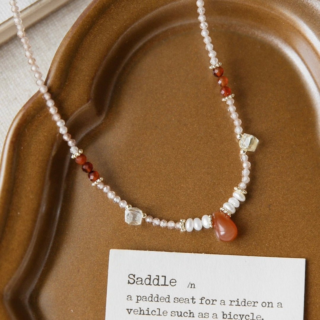 Boltiesd™ Hand Beaded Pearl And Red Agate Necklace With Natural Stone - Boltiesd™
