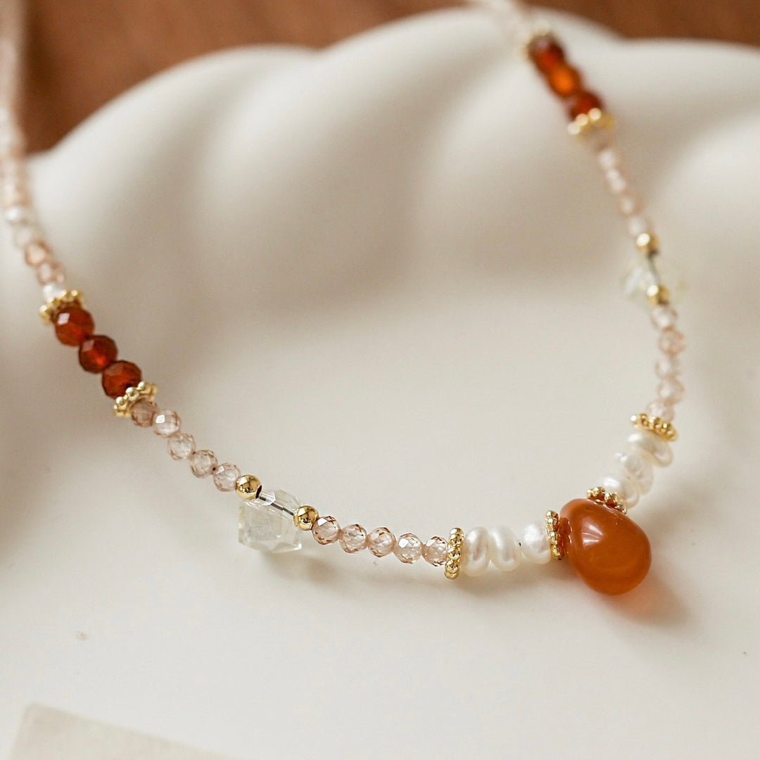 Boltiesd™ Hand Beaded Pearl And Red Agate Necklace With Natural Stone - Boltiesd™